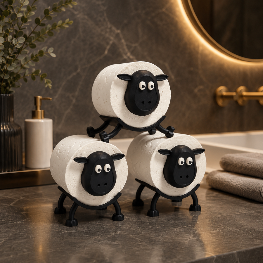 Sheep toilet roll holder trio arranged in a pyramid – 3D printed in the UK by Triformia