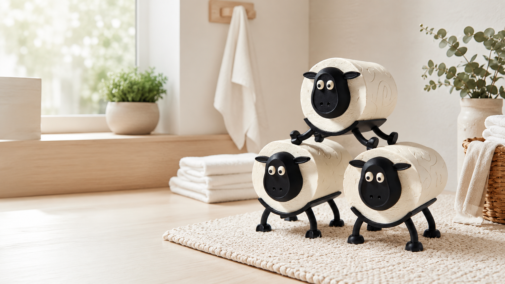 Three sheep toilet roll holders arranged in a rustic bathroom setting — 3D printed in the UK by Triformia