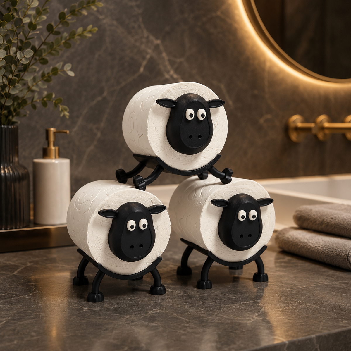 Sheep toilet roll holder trio arranged in a pyramid – 3D printed in the UK by Triformia