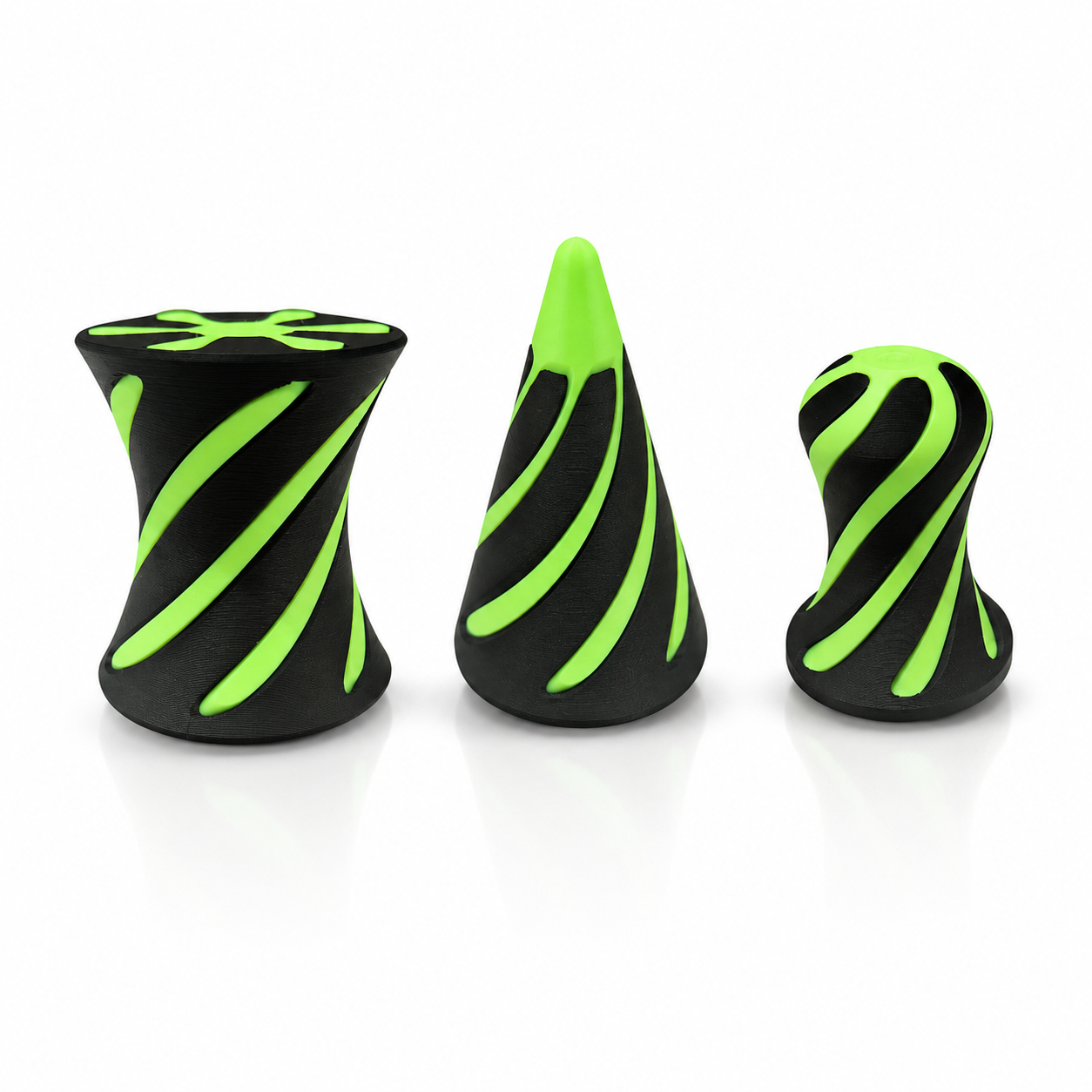 Glow-in-the-dark green and black 3D printed impossible spiral cone fidget toys – Triformia