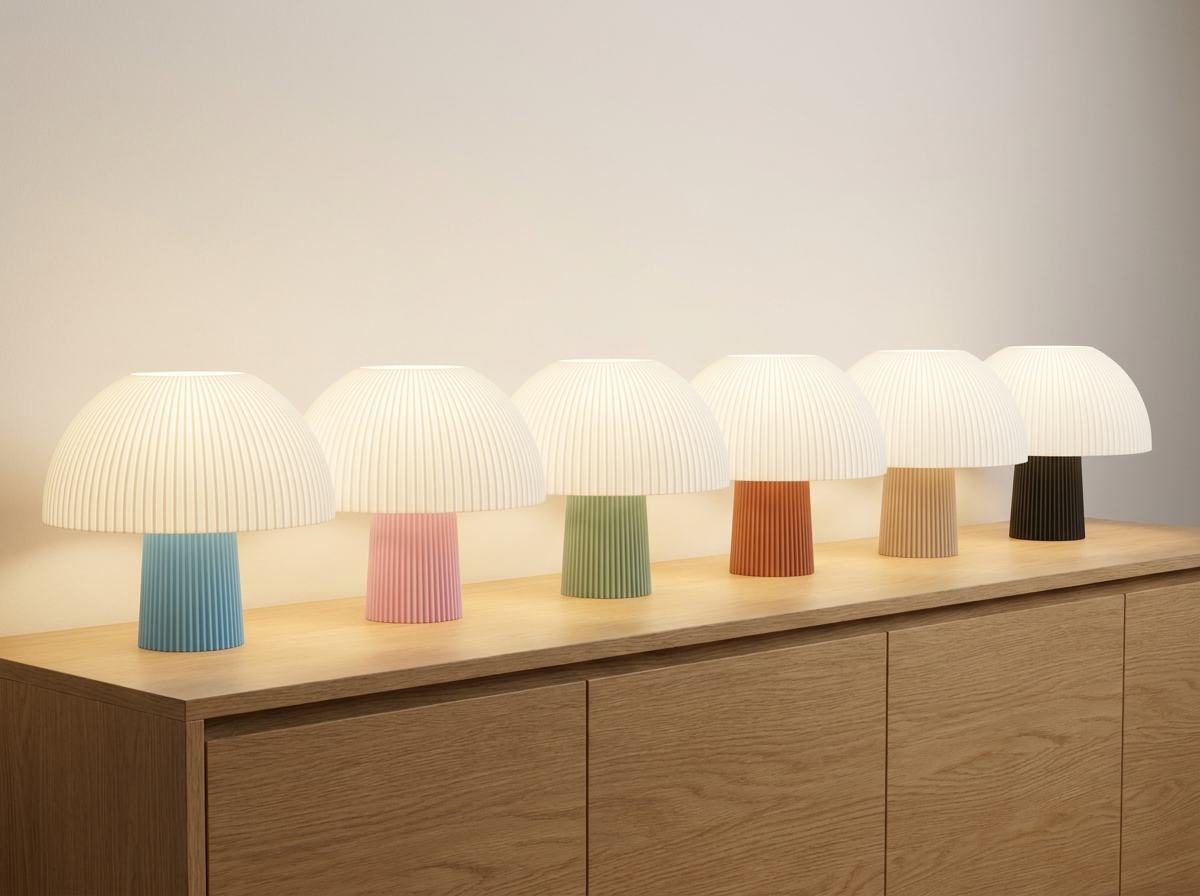Six ribbed mushroom table lamps with white glowing shades and matte bases in sky blue, sakura pink, sage green, terracotta, latte and charcoal