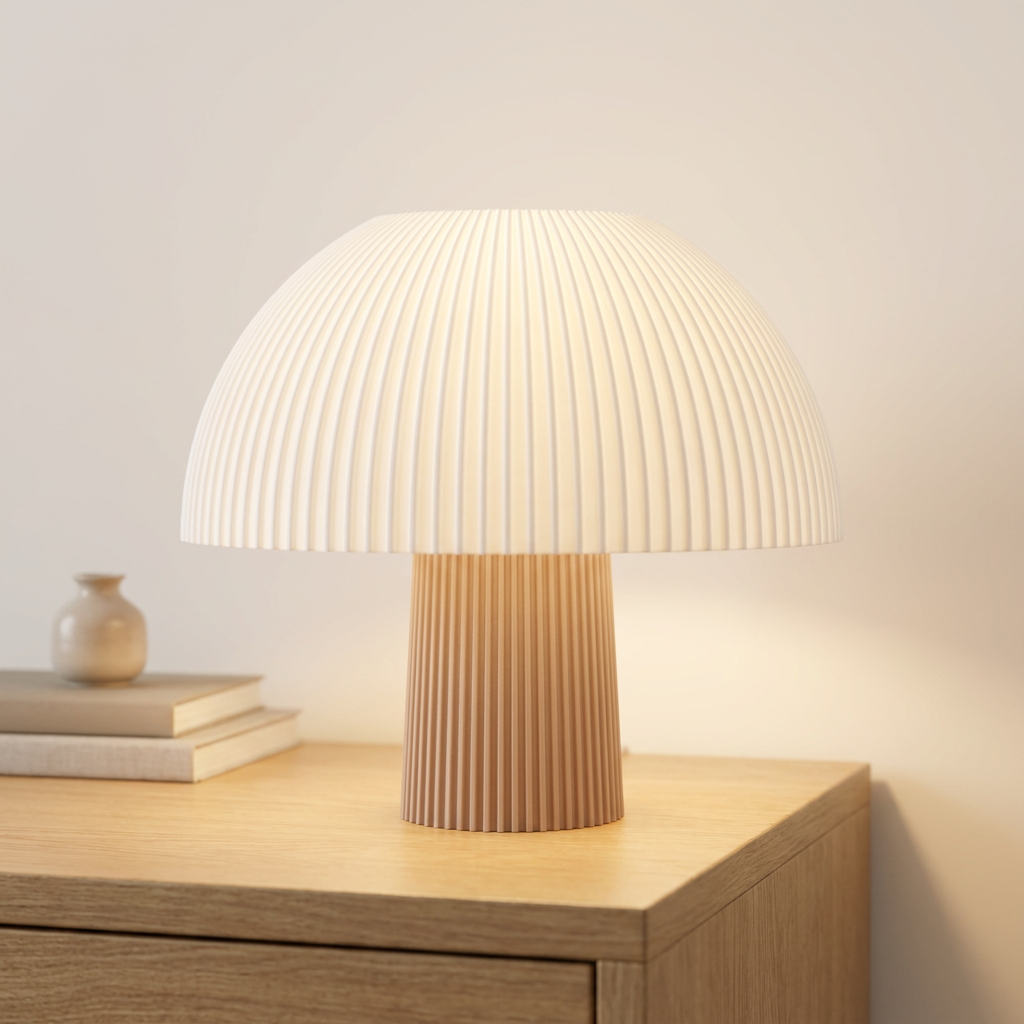 Mushroom lamp - Latte Brown matte base with white ribbed shade