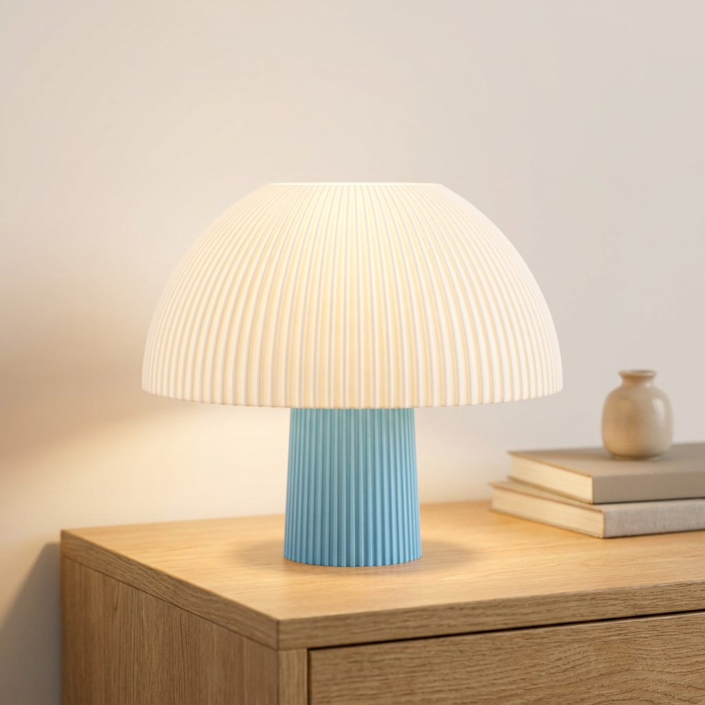 Ribbed mushroom table lamp with white dome shade and blue base, styled product shot
