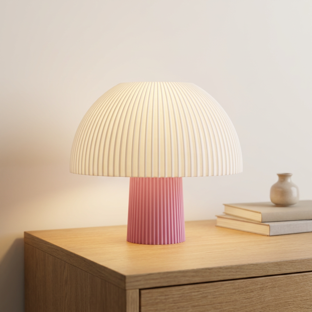 Mushroom lamp - Sakura Pink matte base with white ribbed shade