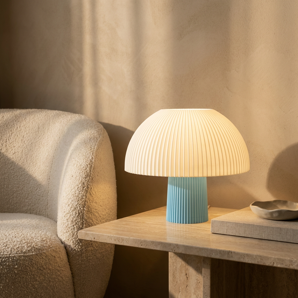 Ribbed mushroom table lamp glowing on a travertine side table in golden-hour light